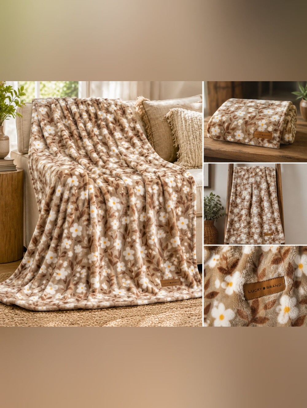 Lucky Brand Floral Plush Throw Blanket in Brown, White, Yellow